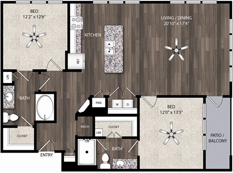 Floor plan for 2 beds, 2 baths, 1284 sqft